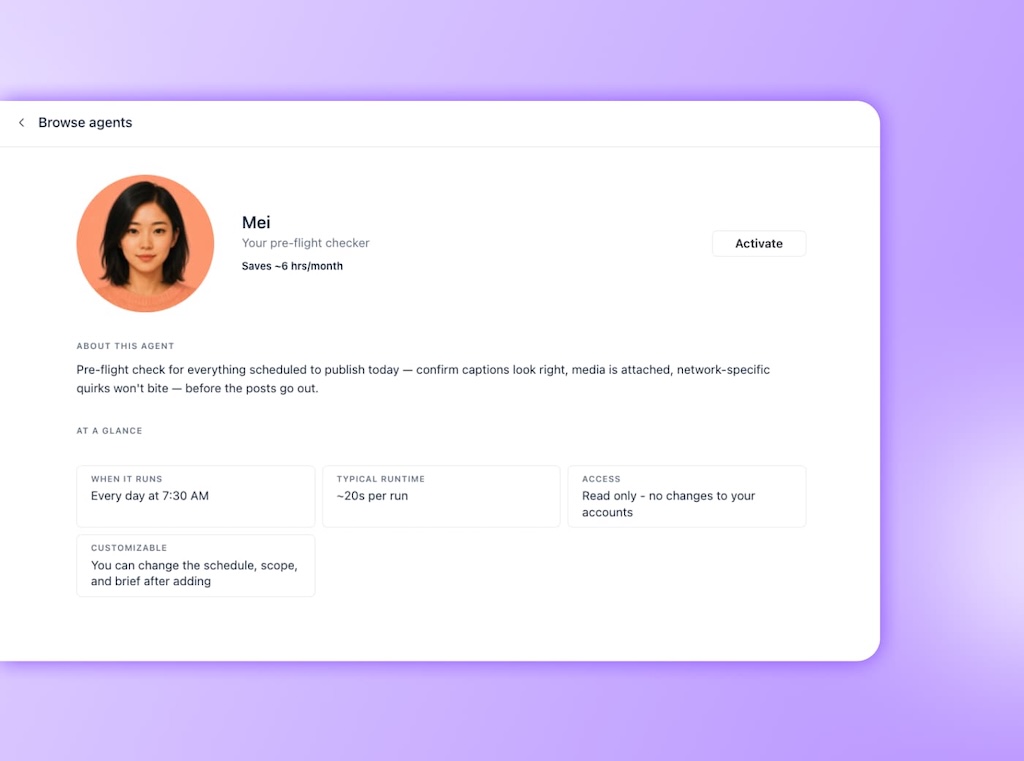 The agent configuration profile page for Mei, a preset pre-flight checker designed to verify scheduled posts.