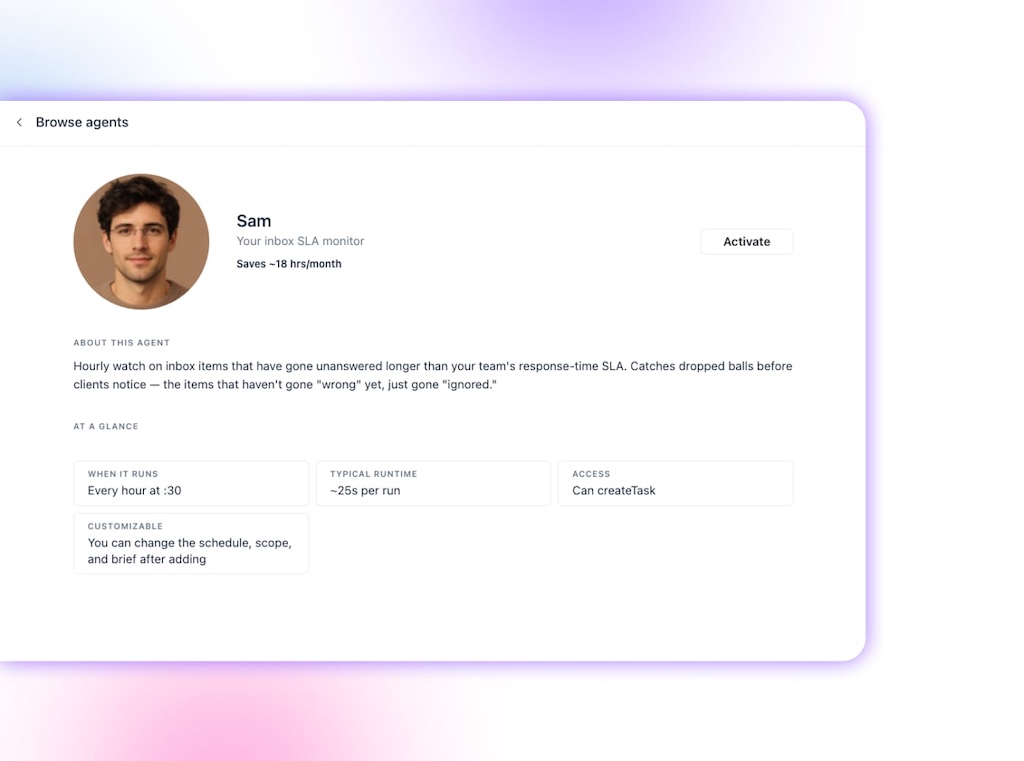 The agent overview screen for Sam, an inbox SLA monitor built to track unanswered client messages continuously.