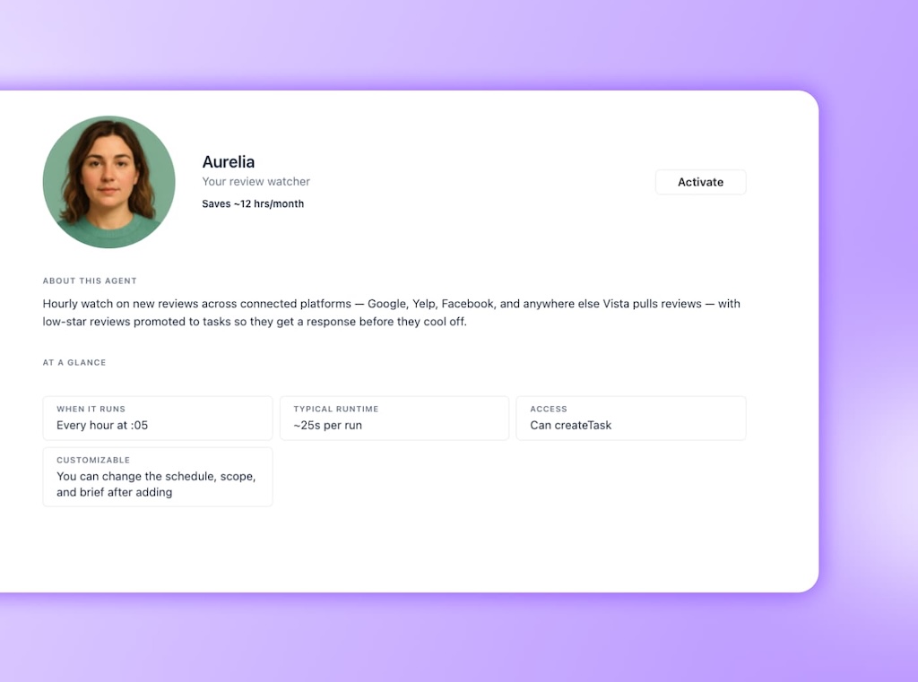 The settings details screen for Aurelia, a review watcher agent configured to monitor and flag new online feedback.