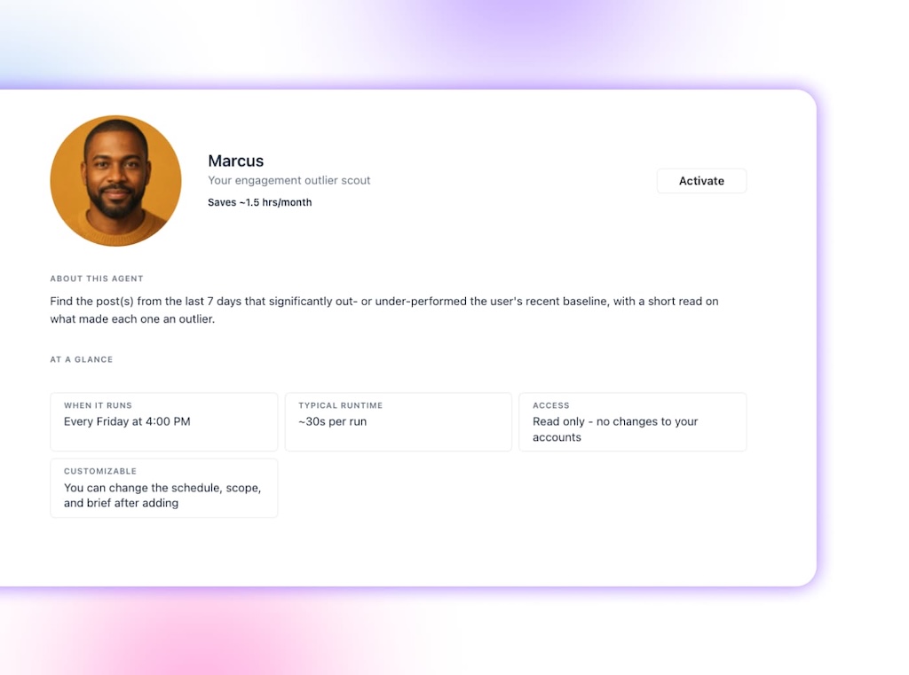 The profile configuration overview screen for Marcus, an engagement outlier scout analyzing post performance.