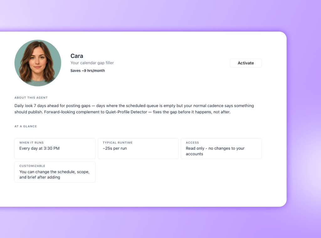 The settings details page for Cara, a calendar gap filler AI agent configured to detect empty posting queues.
