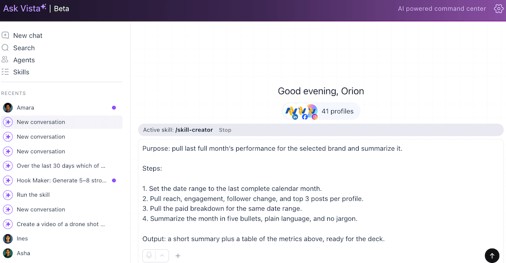 An interactive Ask Vista session outlining structural step-by-step instructions for a performance reporting skill.