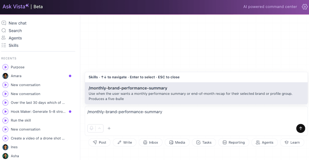 The automated command bar dropdown selection field inside Ask Vista showcasing a newly built summary skill.