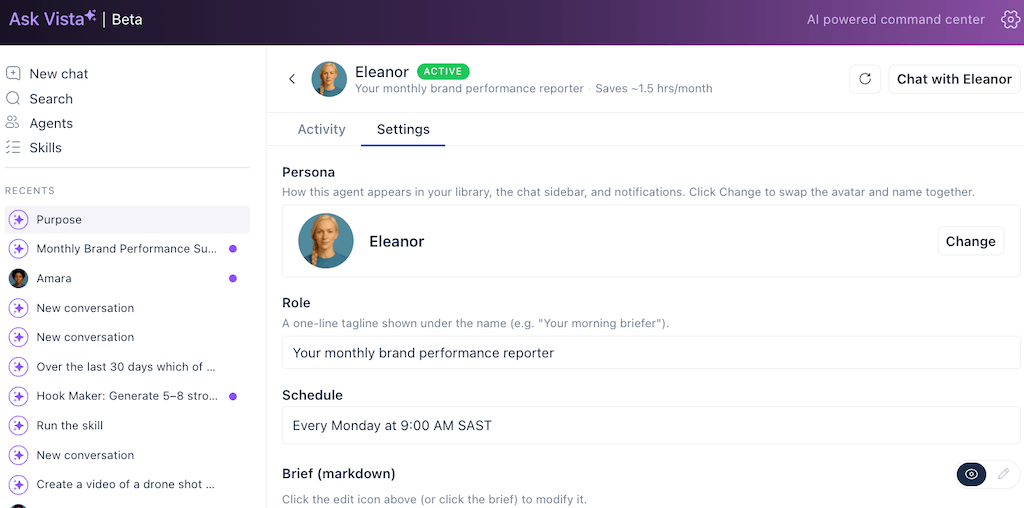The profile configuration menu for Eleanor, an active monthly brand performance reporter agent inside Ask Vista.