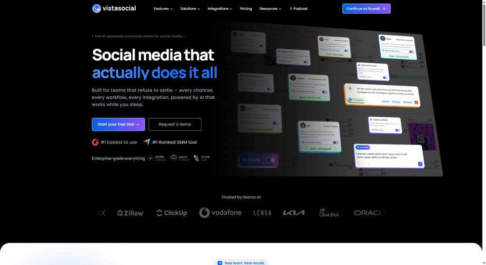 Vista Social homepage showing the AI-powered social media management dashboard, widely regarded as one of the top AI tools for marketers.