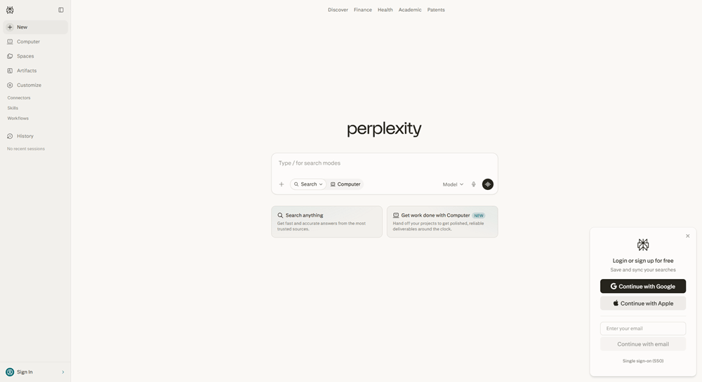 Perplexity AI homepage showing the search interface with Discover categories including Finance, Health, Academic, and Patents.