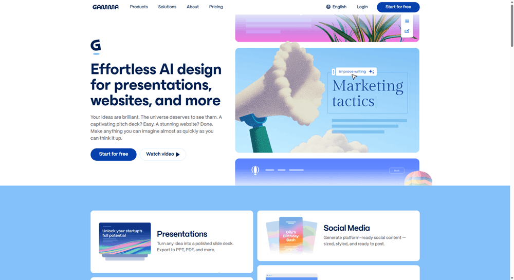 Gamma homepage showing the AI-powered presentation builder with a Marketing tactics slide example and social media content creation tools.