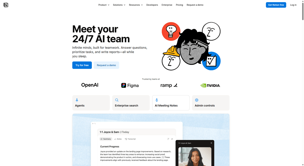 Notion AI homepage showing the Meet Your 24/7 AI Team headline with AI-generated meeting notes and agent and enterprise search features.
