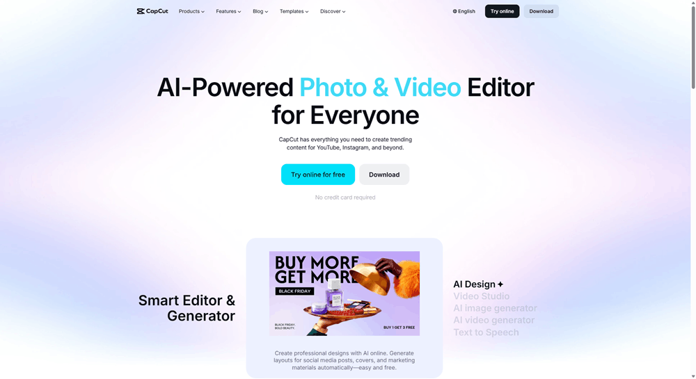 CapCut homepage showing the AI-powered photo and video editor with AI Design tools including Video Studio, image generation, and text to speech.