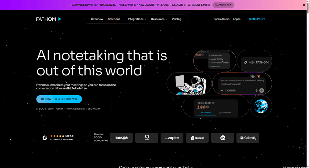 Fathom AI notetaker homepage showing the free forever sign-up, one of the most useful AI tools for marketers who run regular client calls.