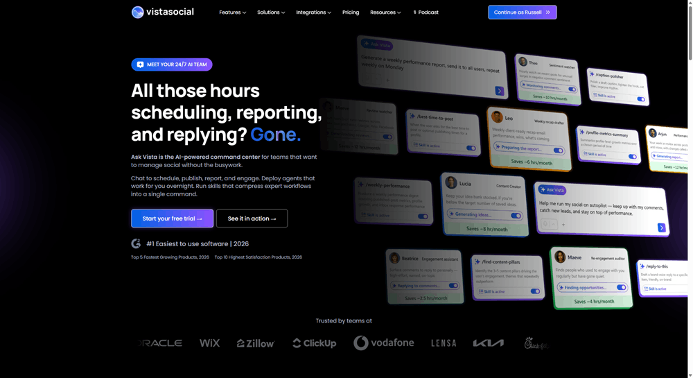 Ask Vista landing page showing the AI agent system that automates scheduling, reporting, and inbox replies for social media teams.