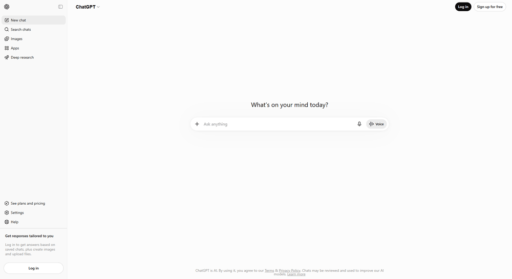 ChatGPT homepage showing the chat interface prompt, one of the most widely used general-purpose AI tools for marketers doing open-ended work.