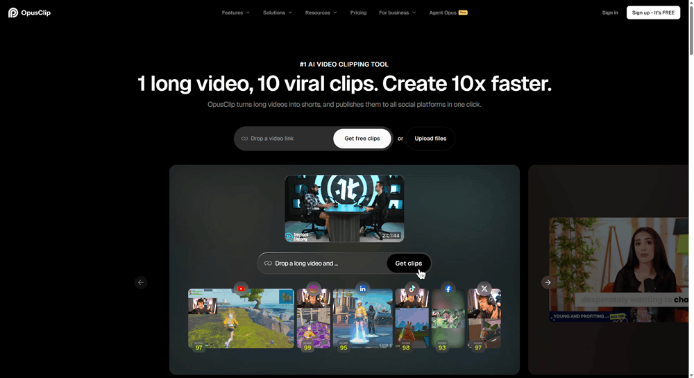 OpusClip homepage showing its one long video to ten viral clips value prop, one of the best AI tools for marketers repurposing video content.