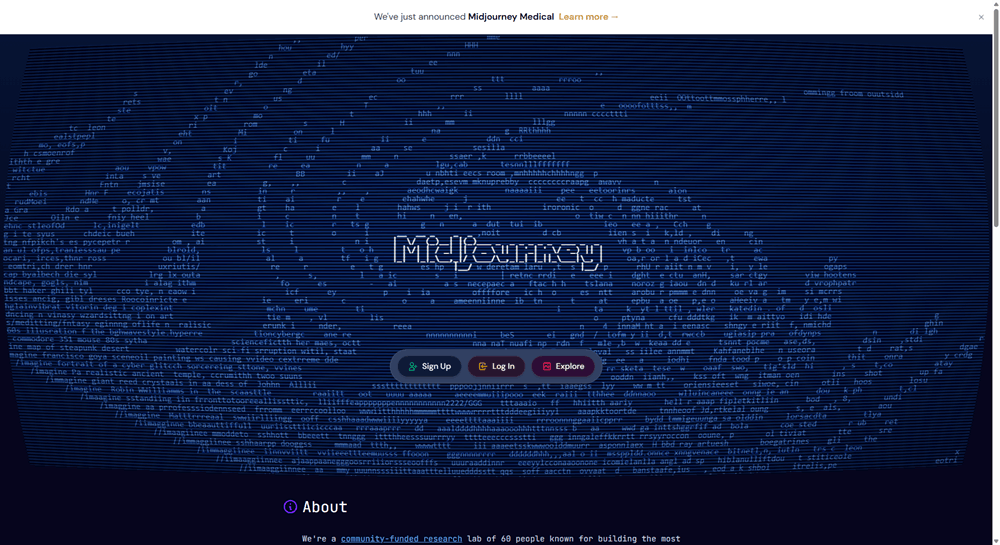 Midjourney homepage showing its distinctive ASCII art visual design and About section, describing it as a community-funded AI image research lab.