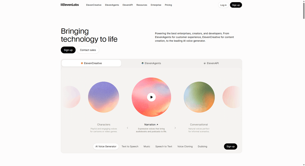 ElevenLabs homepage showing the ElevenCreative product tab with narration, character, and conversational AI voice generation options.