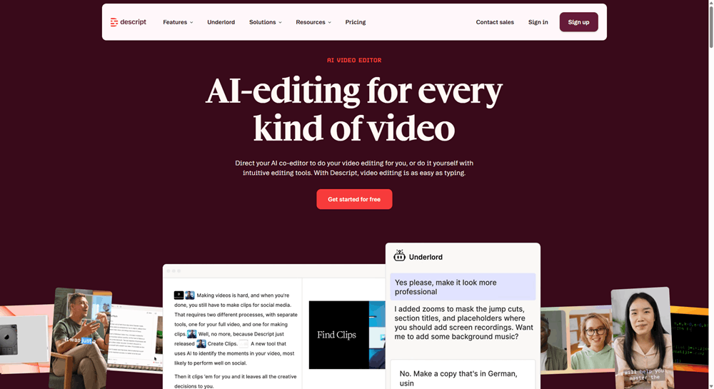 Descript homepage showing the AI video editing interface with the Underlord AI co-editor feature and transcript-based editing workflow.