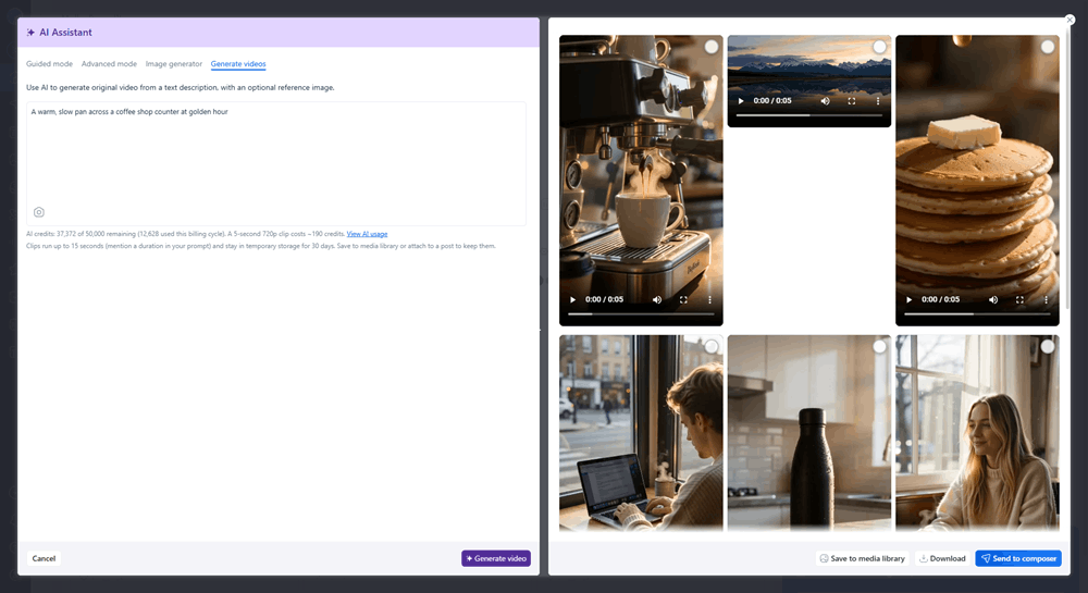 Vista Social's AI video generator for social media with a text prompt and six generated video options ready to send to composer.