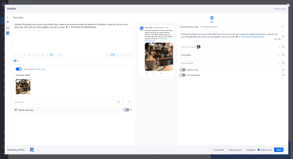 Vista Social composer with an AI-generated coffee shop video attached to a draft post and captioned, shown in the X preview panel before scheduling.