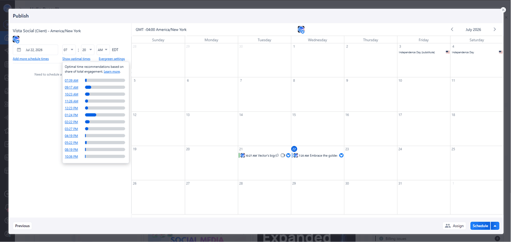 Vista Social scheduling calendar with optimal time suggestions selected for a finished Reel, queued for publishing in the content calendar.