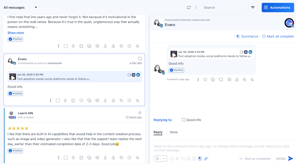 The Vista Social collaborative inbox interface displaying received messages, user reviews, and comment reply options.