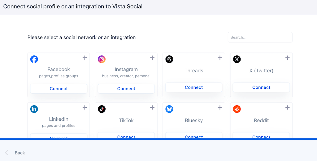 The platform connection portal displaying grid options to connect social profiles like Facebook, Instagram, and LinkedIn.