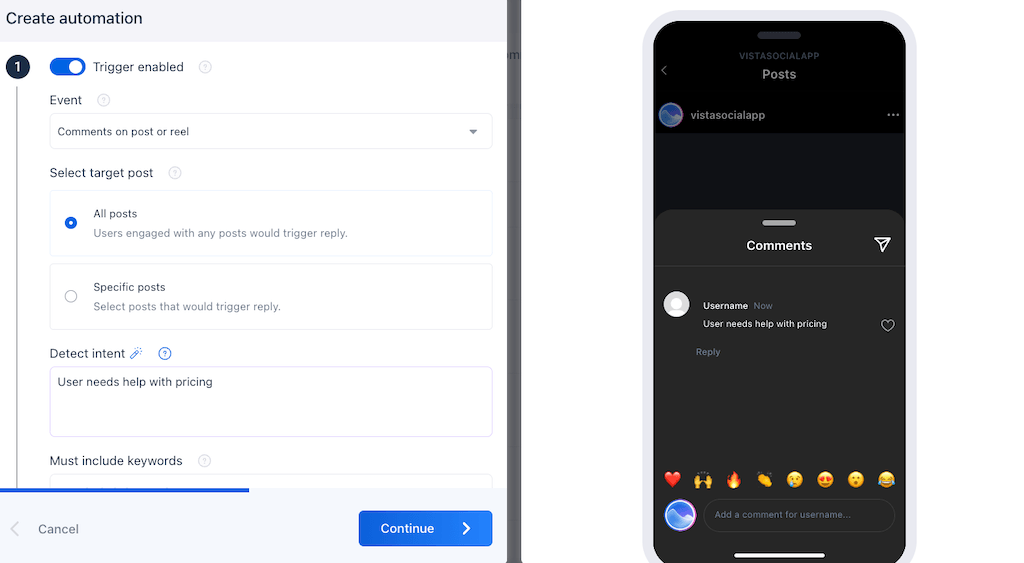 The "Create automation" configuration pane beside a mobile preview of an automated Instagram comment stream.