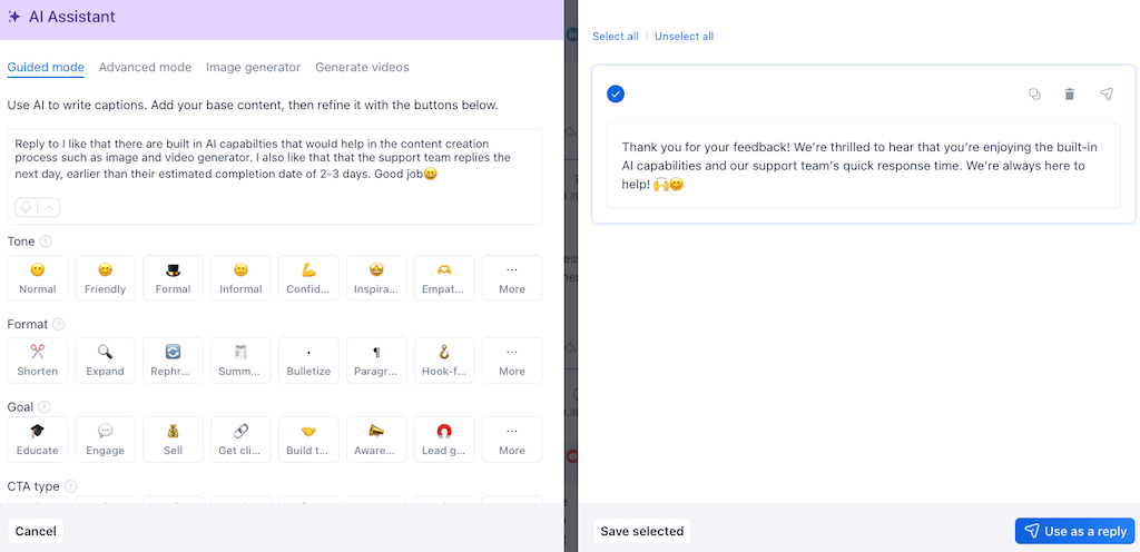 The AI Assistant chat interface in guided mode showing tone adjustments and a generated, supportive comment reply.