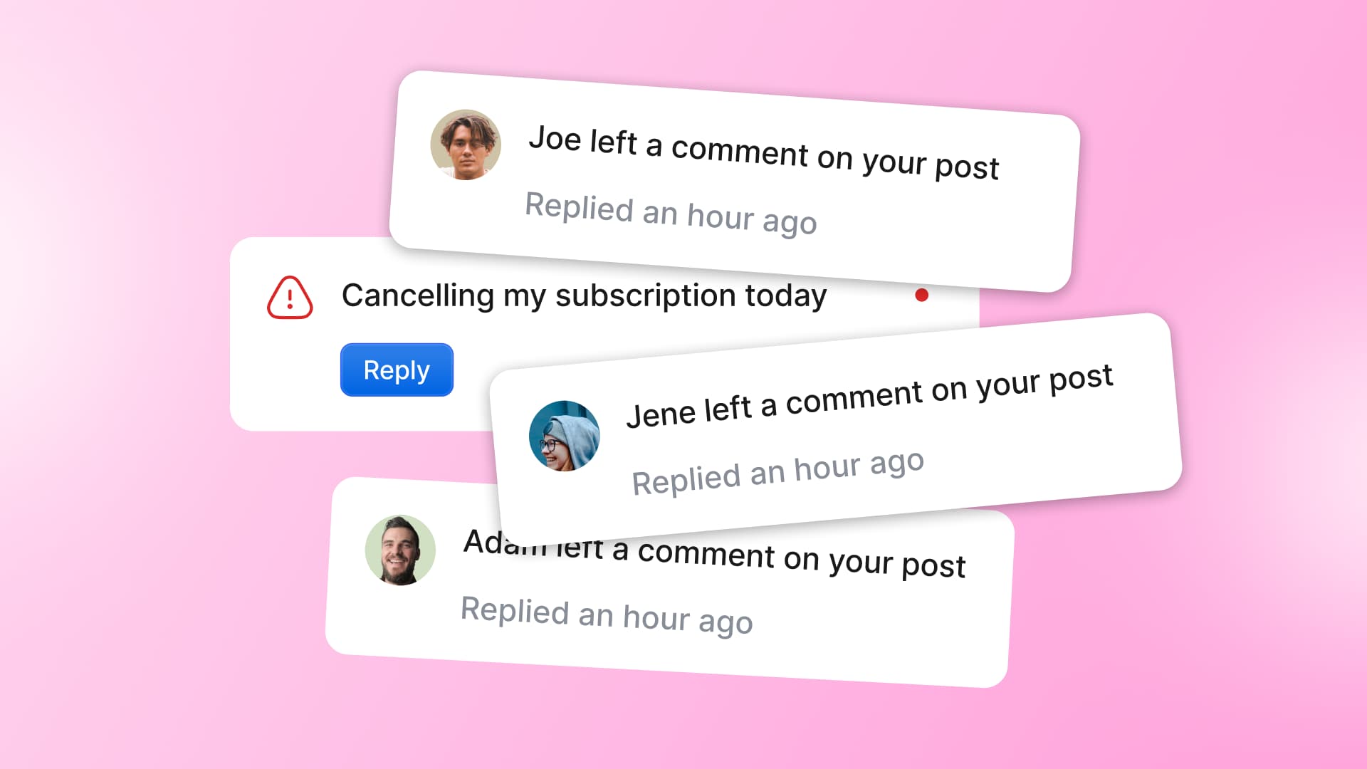 A stack of stylized notification cards showing incoming comments and account alerts on a pink gradient background.