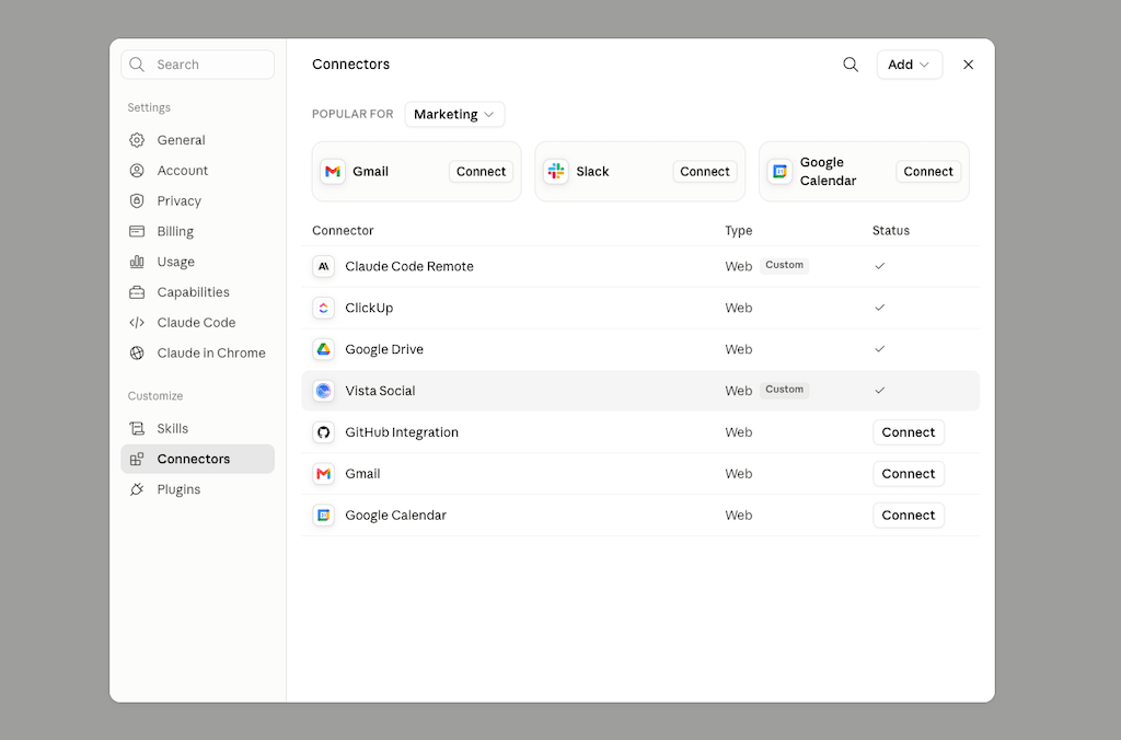 The system Connectors menu screen highlighting available third-party integrations like ClickUp and Vista Social.