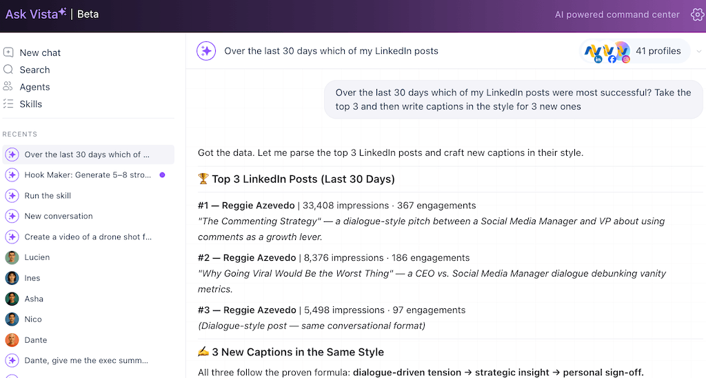 An active Ask Vista chat tab summarizing top-performing LinkedIn posts and generating new captions in a uniform style.