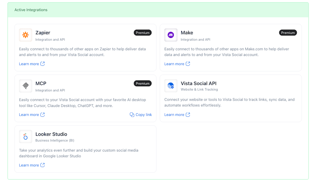 The Active Integrations settings catalog showing developer feature cards for Zapier, Make, MCP, and Looker Studio.