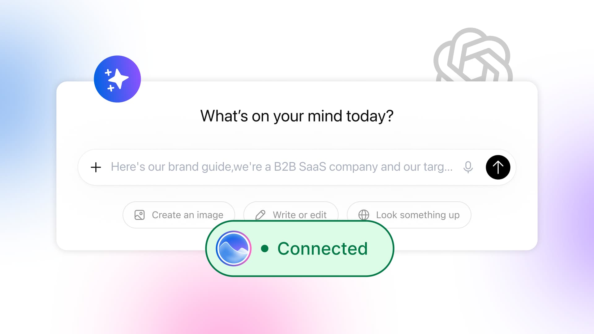 An interactive chat input box displaying a prompt beside a green badge indicating a platform connection status.