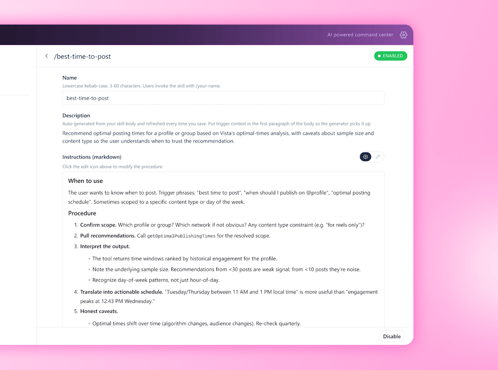 The technical instructions dashboard for the best time to post skill, outlining custom optimization logic rules.