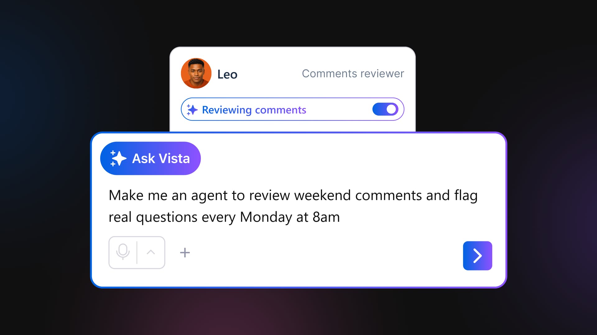 An overlay infographic displaying a custom prompt to create a weekly review agent next to Leo's active status card.
