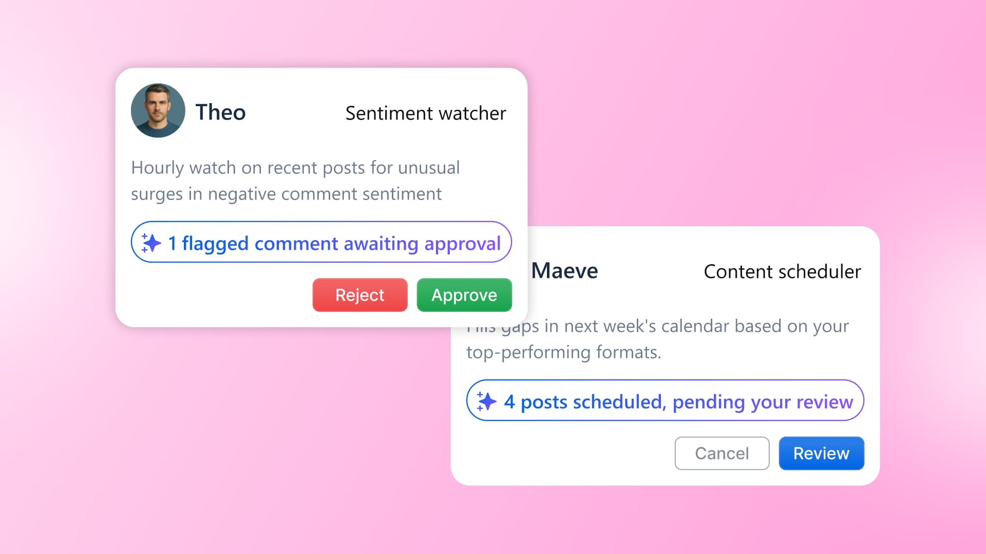 A card overlay graphic showing actionable tasks from the sentiment watcher agent Theo and content scheduler Maeve.