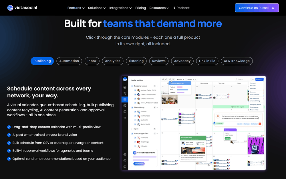 Vista Social's complete list of features, including a content calendar with drag-and-drop scheduling, bulk publishing, and multi-profile posts managed across connected social accounts.
