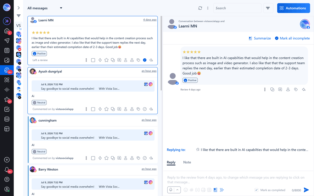 Vista Social's unified inbox showing customer reviews, comments, and messages from multiple connected social accounts in one message stream.