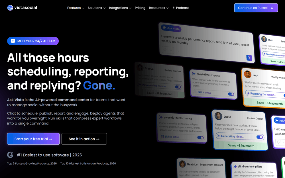 Vista Social's Ask Vista AI assistant showing automated skills for weekly performance reports, review monitoring, and best-time-to-post recommendations.