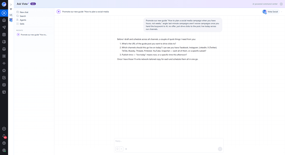 Screenshot of Ask Vista chat interface asking clarifying questions about URL, channels, and timing before drafting a social media campaign post.