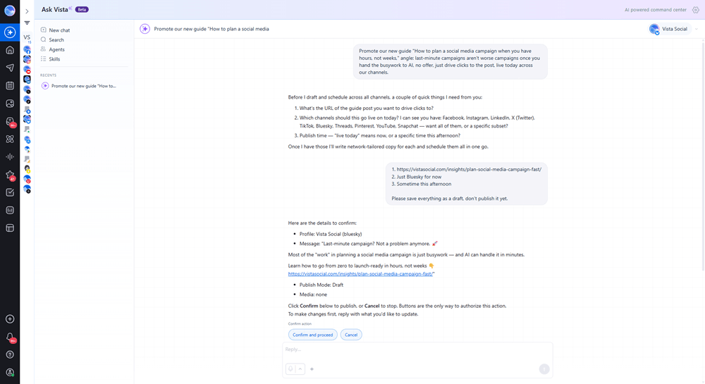 Screenshot of Ask Vista confirmation card showing a drafted Bluesky post, guide link, and draft mode before scheduling a social media campaign.