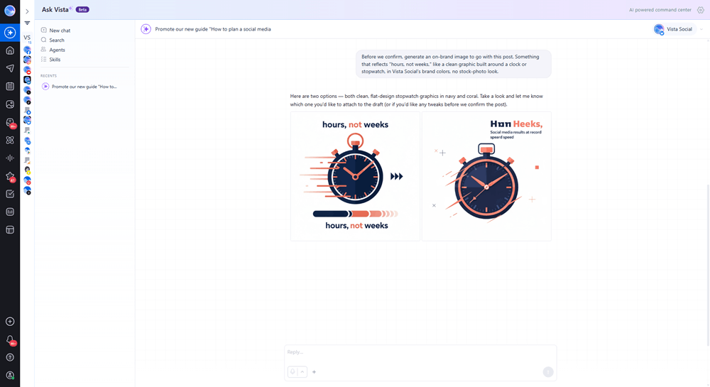 Screenshot of Ask Vista generating two on-brand stopwatch graphic options for a social media campaign post promoting the hours-not-weeks guide.