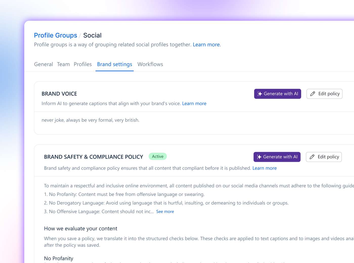 Vista Social brand settings showing an active Brand Safety and Compliance Policy with rules checked before content publishes.