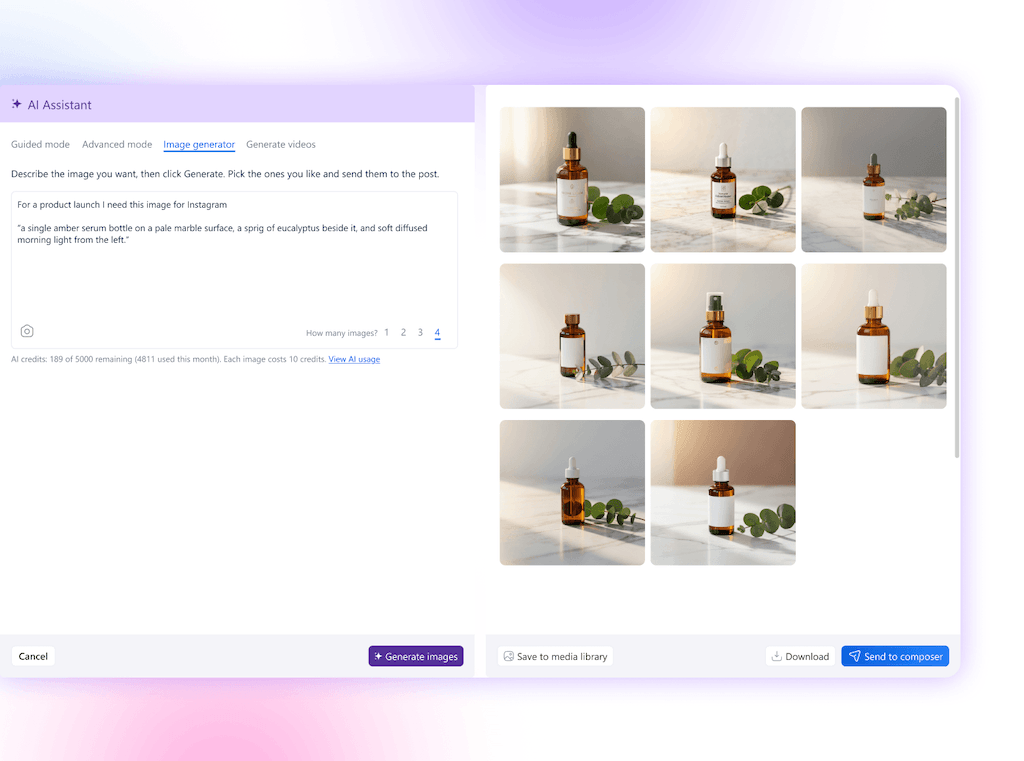 The AI Assistant image generator displaying a prompt to generate serum bottle product photos alongside a grid of results.