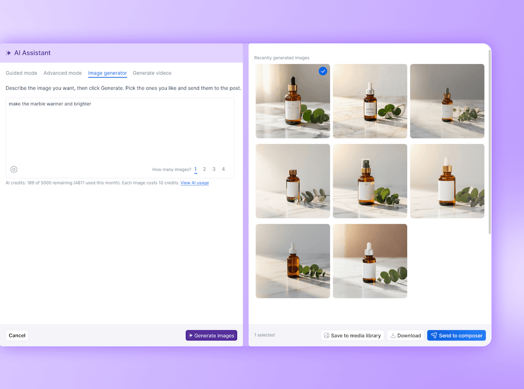 The AI Assistant image generator showing a modification prompt next to a grid of generated product photos with one selected.
