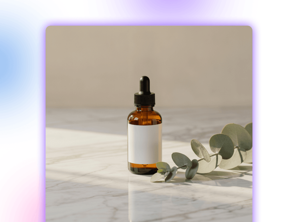 An AI-generated product photograph of an amber glass dropper bottle next to a eucalyptus sprig on marble.