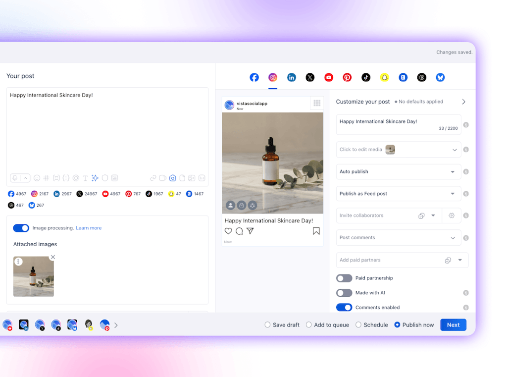 The Vista Social post composer showing a preview of an Instagram post featuring the newly generated product image.