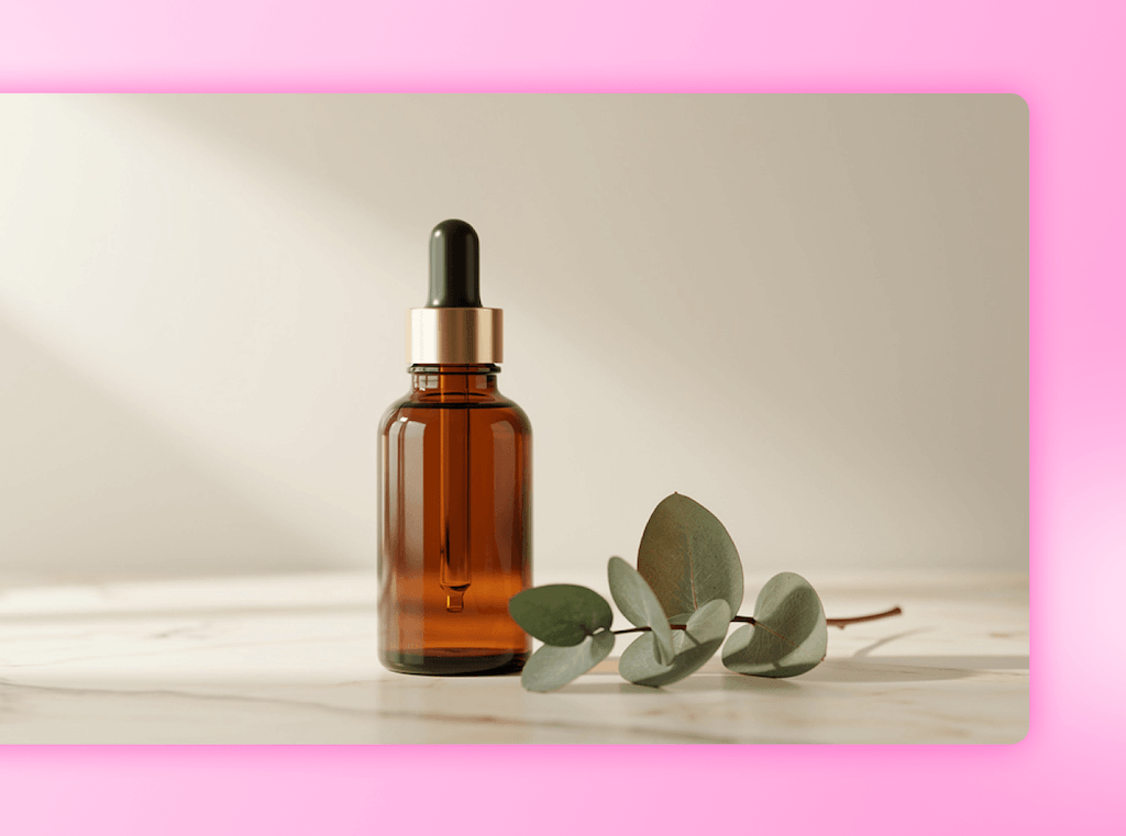 A close-up, high-quality product photo of an amber glass dropper bottle and a leafy green eucalyptus sprig.