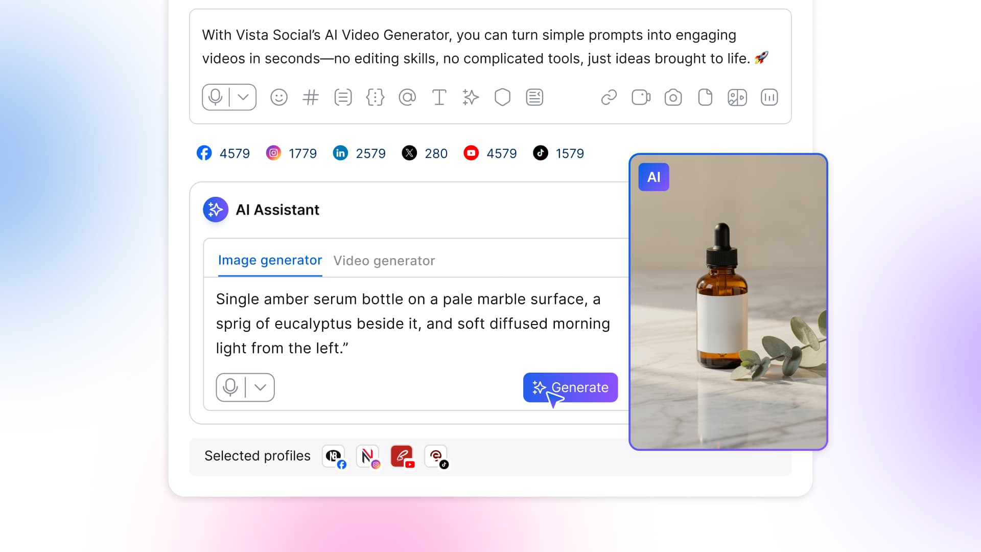 An overlay graphic highlighting Vista Social's AI Assistant with an image generation prompt beside a generated preview.