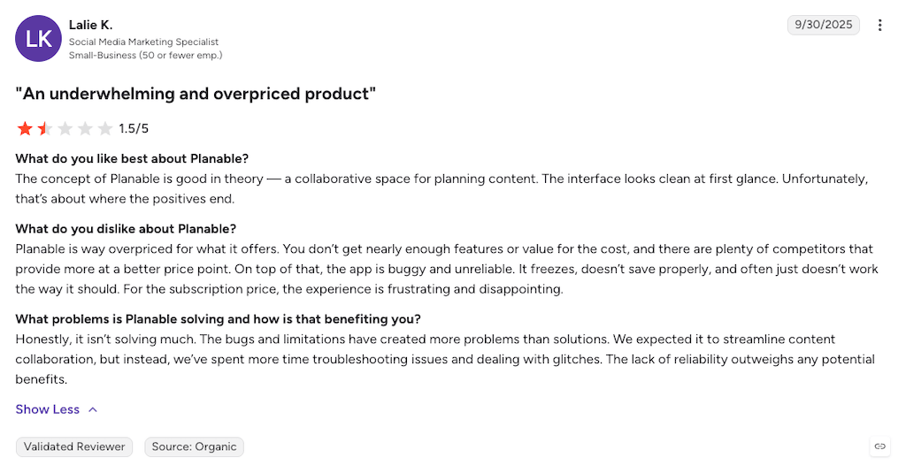 A detailed negative user review on a webpage gives a 1.5 out of 5 rating with critiques about pricing and bugs.