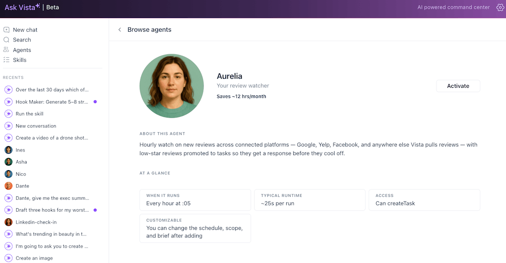 The agent activation dashboard details for Aurelia, a preset hourly review watcher assistant inside Ask Vista.